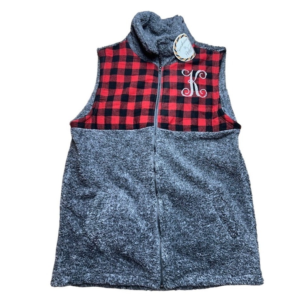 Sunshine & Rodeos Womens 3XL Grey Sherpa Vest Red Buffalo‎ Plaid Monogram K NEW